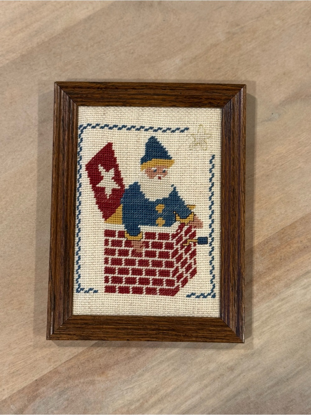 Christmas in July- Homespun Collectibles Framed Santa Cross-Stitch - Red & Navy